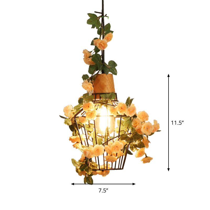 Black Jar/Diamond/Barn Cage Pendant Farm Iron 1 Head Restaurant Flower Hanging Light Fixture with Wooden Top