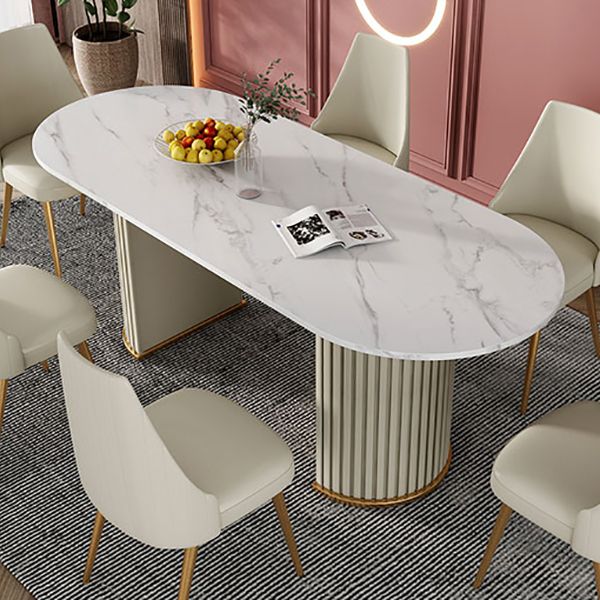 Modern Sintered Stone Oval Table Dining Table with White/Orange Double Pedestal