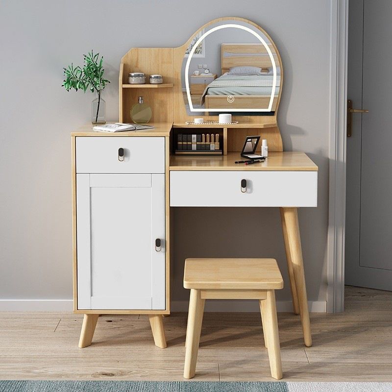 Rubberwood Vanity Set with Stool and Mirror Scandinavian Drawers Dresser