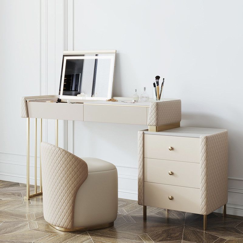 Glam Style Beige Rock Slate Vanity with 5 Drawers Metal Base