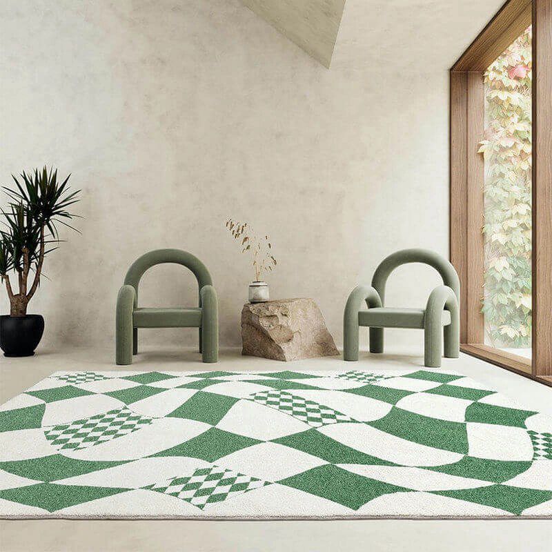 Green Modern Carpet Polyester Check Pattern Carpet Washable Carpet for Living Room