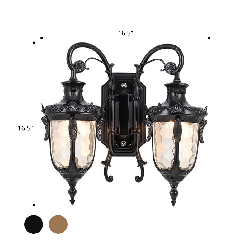 IJzeren zwart/bronzen wandgemonteerd licht gescrolde arm 2 lichten boerderijstijl SCONCE LAMP met heldere kuiltjes glazen schaduw