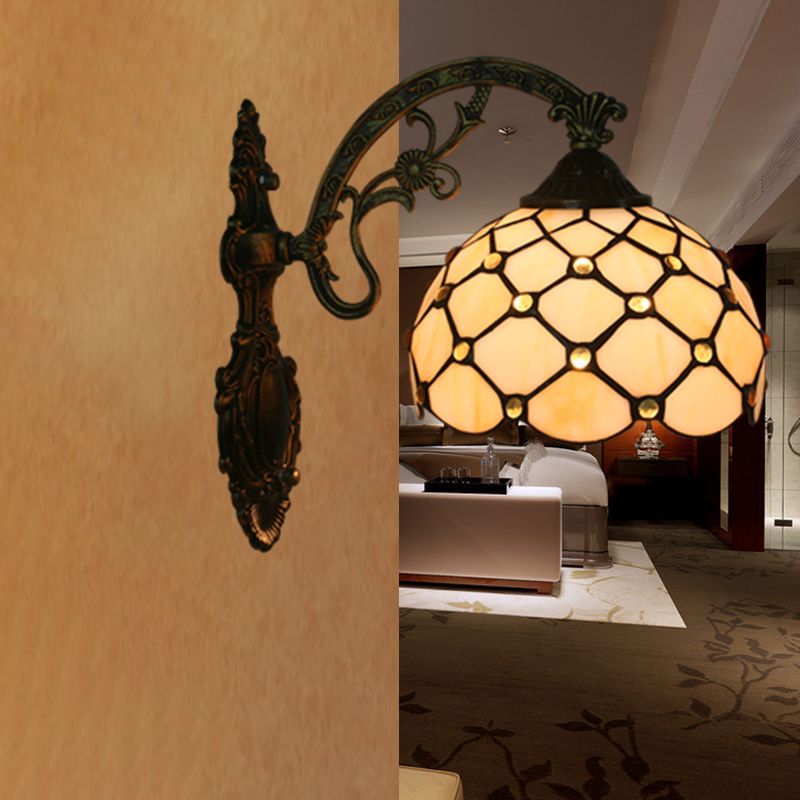 Bead Net Wall Light Fixture Single Bulb Blue/Gold Hand-Crafted Glass Baroque Wall Mount Lamp