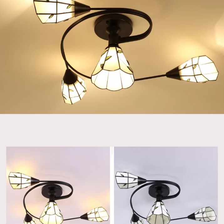Tiffany Flower Semi Flush Light Stained Glass Ceiling Mounted Light for Living Room