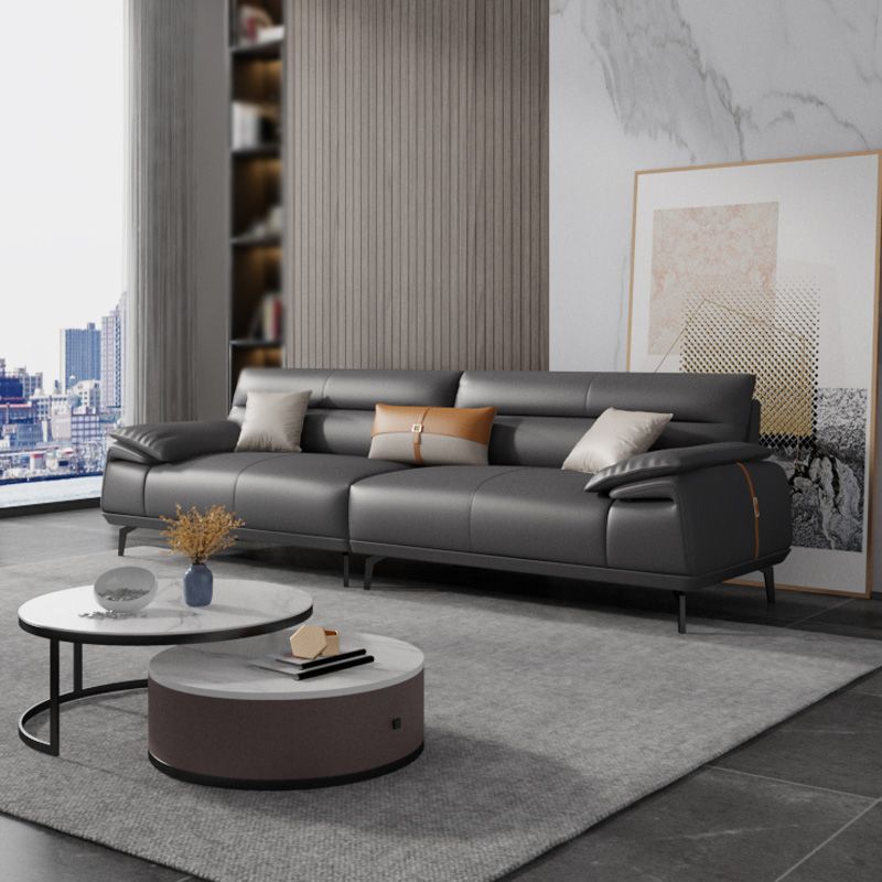 Stationary Stain Resistant Genuine Leather Pillow Top Arm Dark Grey Sofa