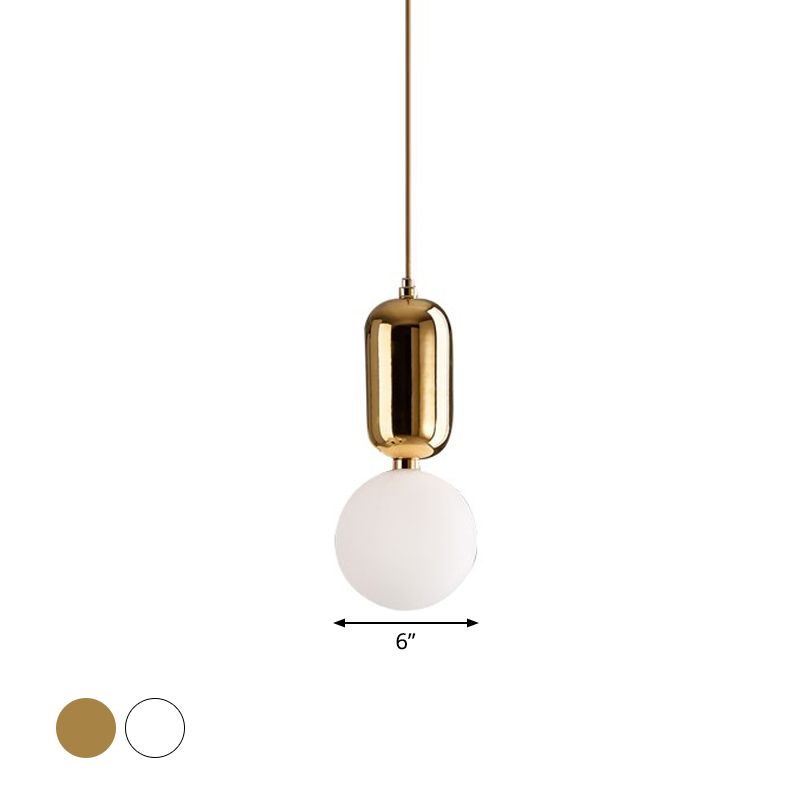 Postmodern 1-Light Pendant Lamp White/Gold Capsule Ceiling Hang Lamp with Milky Ball Glass Shade, 6"/8"/12" Dia