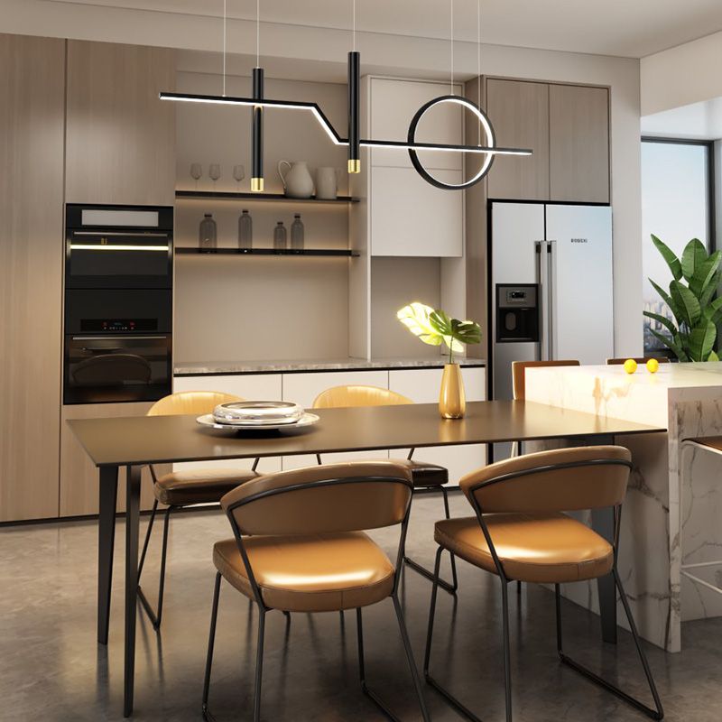 Linear Dinning Room Over Island Lighting Metal LED Modern Hanging Island Light in Black