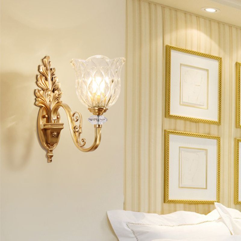 Gold Wall Mount Light Traditional Carved Glass Ruffle Bell Wall Light Fixture for Corridor