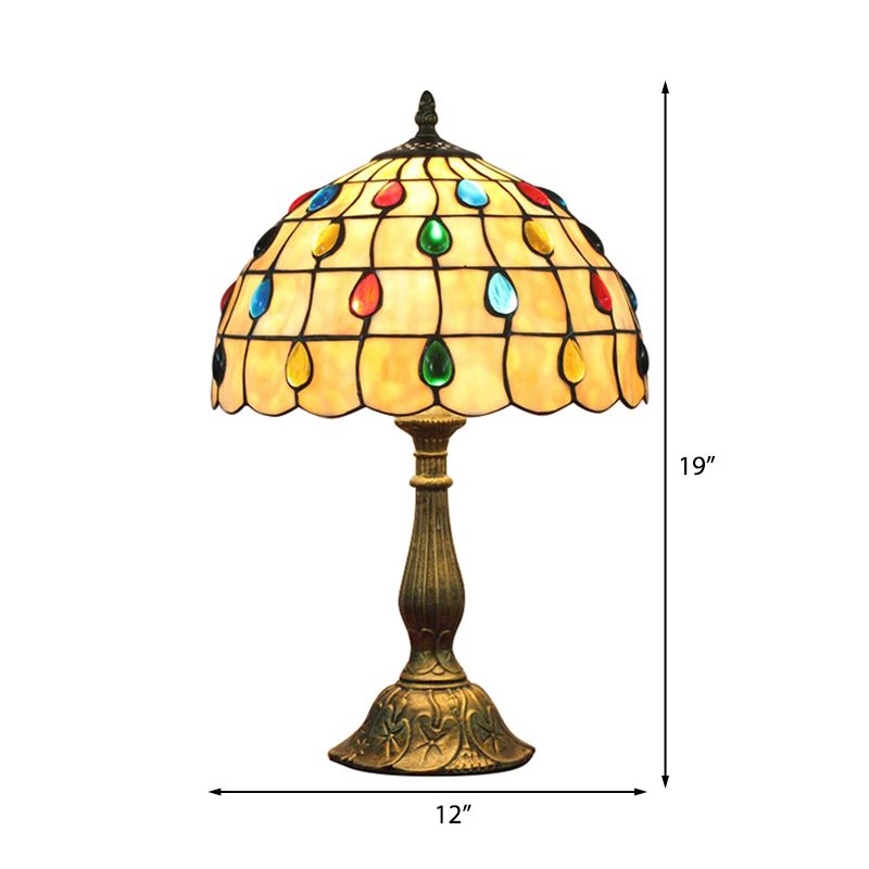 12"/8" Wide Shell Umbrella Desk Lamp with Teardrop Jewelry Classic Tiffany Table Light in Beige for Bedroom