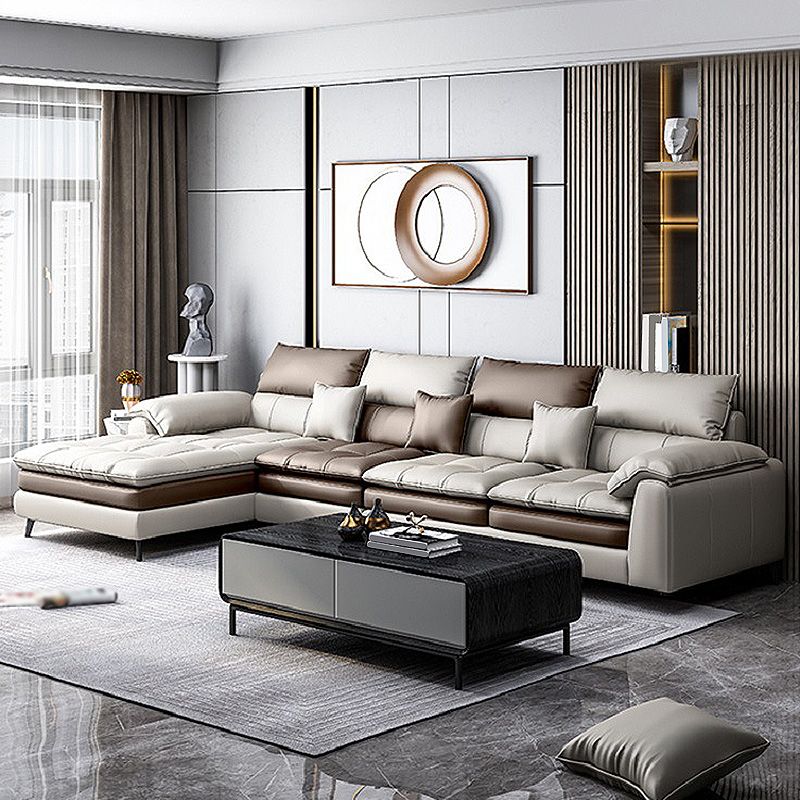 Faux leather Sectional Pillow Top Arm Beige Sectional for Living Room