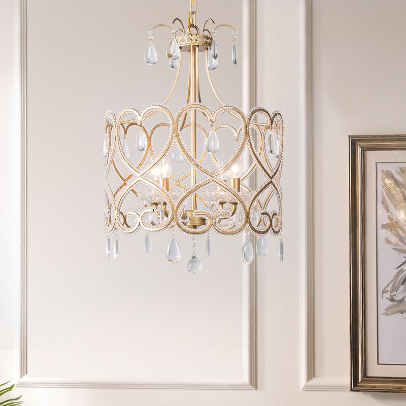 Gold Cylinder Chandelier Lighting Nordic Crystal 4 Bulbs Hanging Ceiling Light with Teardrop