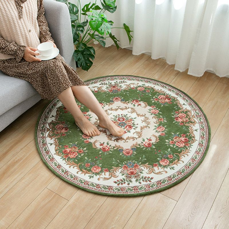 Round Classic Rug Antique Floral Design Area Rug Polyester Anti-Slip Backing Carpet for Home Decor
