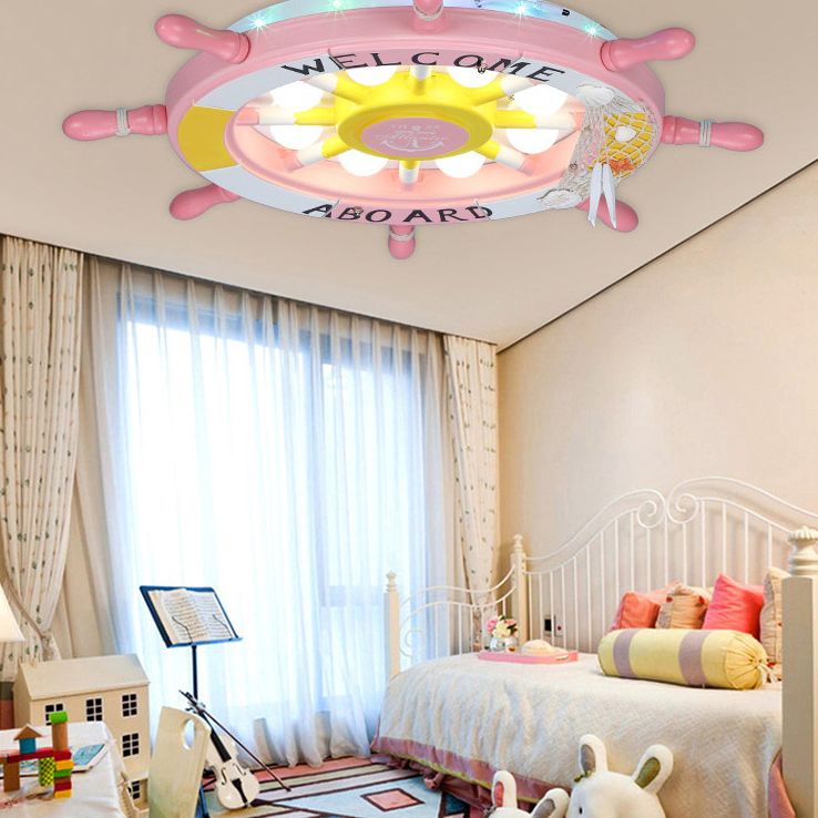 Salle des enfants Plafond Fixation de la lumière Creative Boy Bedroom Study Cartoon Pirate Ship Rudder Mediterranean Style LED LED