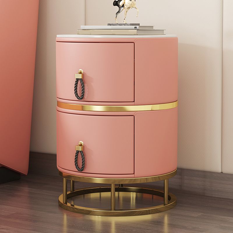 Glam Round Nightstand with 2 Drawers 20" Tall Stone Top Night Table