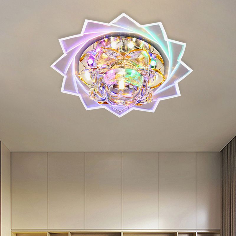 Modern Style Lotus Ceiling Light Clear Crystal LED Flush Mount Fixture for Hallway