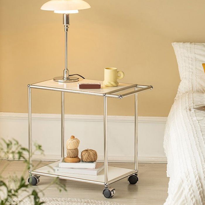 Rectangular Metal/glass Side Table with Wheel Base Mid-century Modern Style