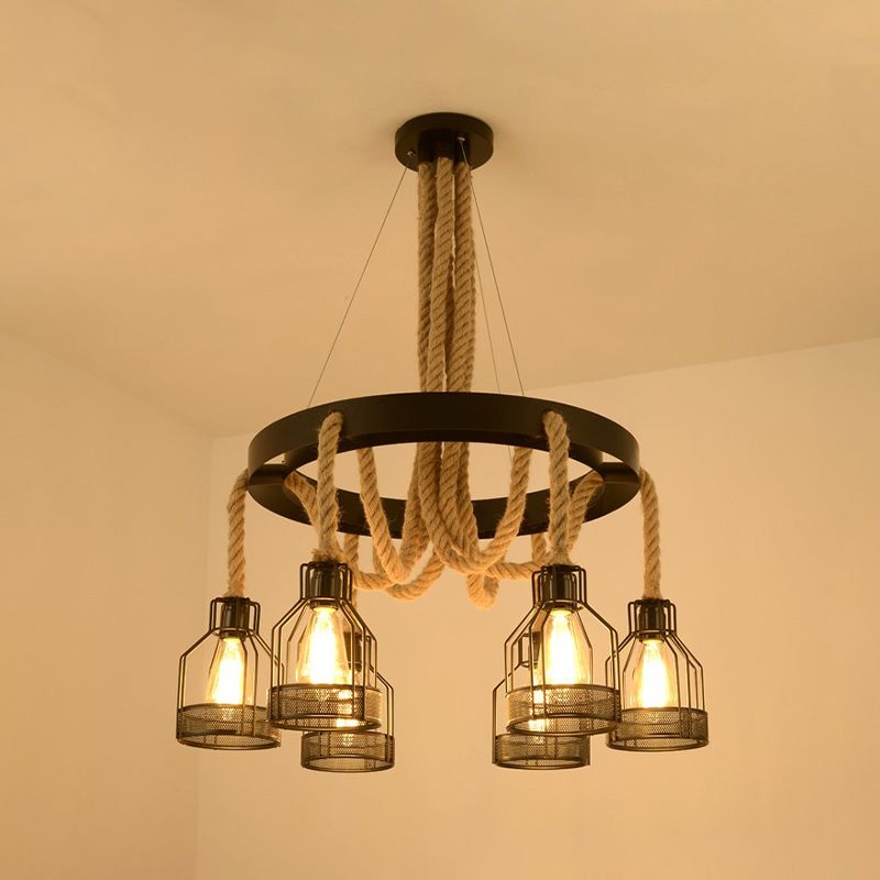Chandelier Lamp Industrial Cage Metal Hanging Light with Hanging Rope for Dining Room