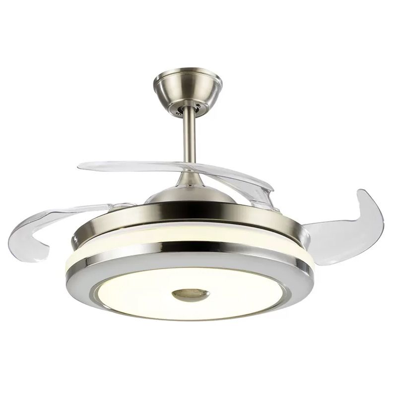 Circular Semi Flush Light Fixture Simple 19" Wide LED Bedroom Ceiling Fan Lamp Fixture in Silver, 4 Blades