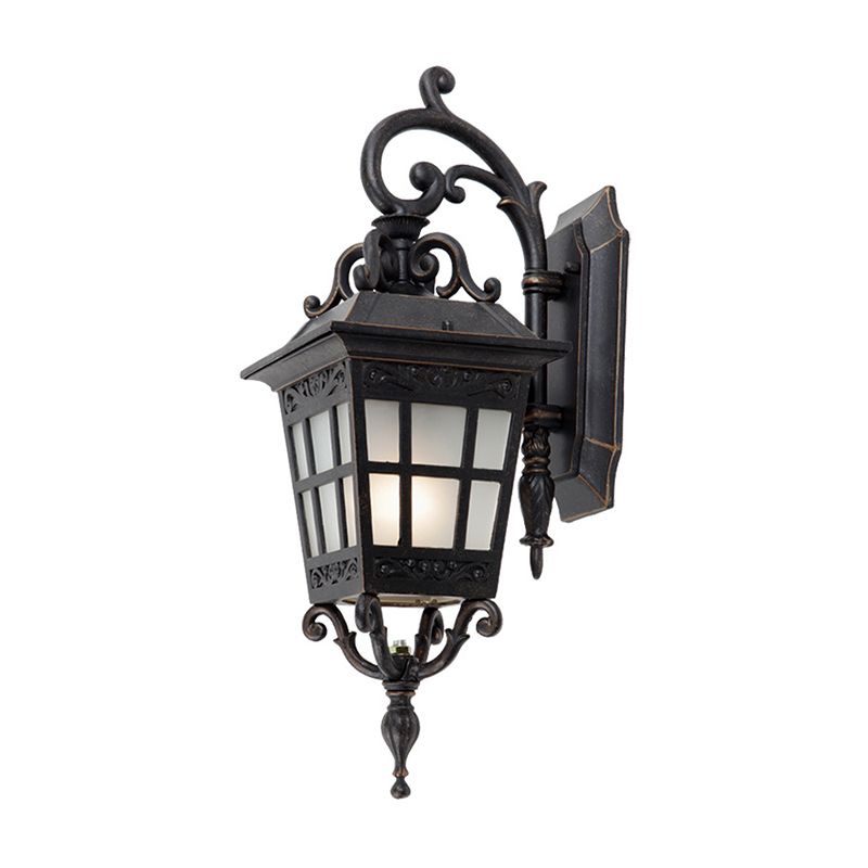 Vintage Lantern Sconce Light Single Frosted White Glass Outdoor Wall Mount with Scroll Arm in Black