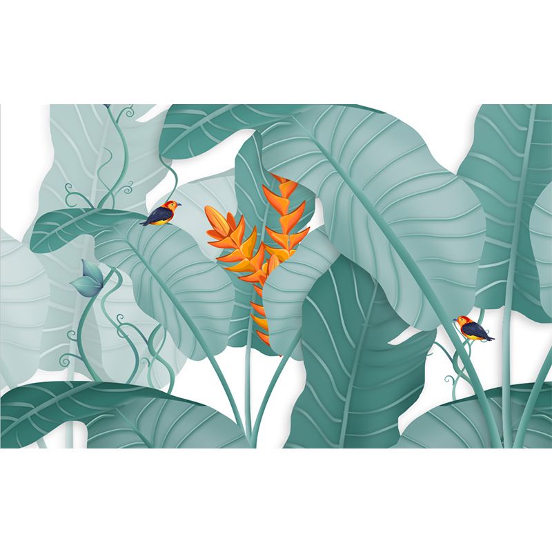 Tropics Plant Banana Leaves Mural Green Stain Resistant Wall Art for Living Room