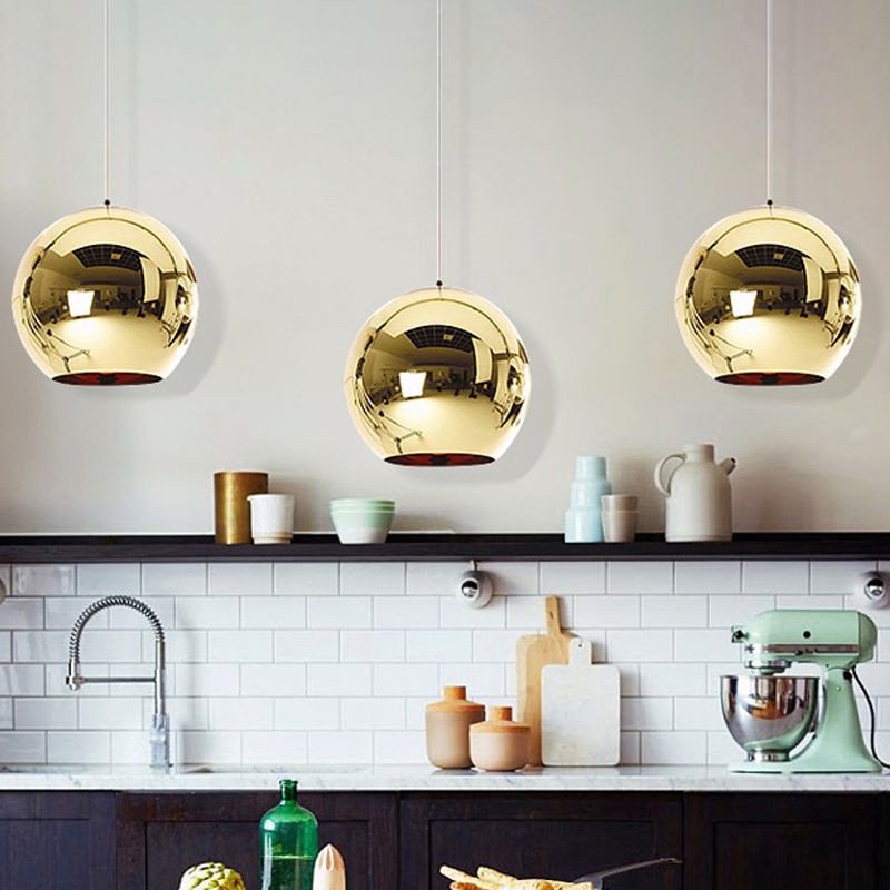 Mirror Glass Globe Down Lighting Industrial 6"/8" W 1-Light Bar Pendant Light with Open Bottom in Brass/Chrome/Gold