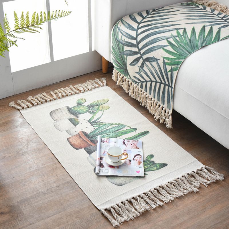 Boho Chic Bedroom Rug Multi-Color Geometric Pattern Rug Cotton Machine Wash Carpet with Tassel Fringe