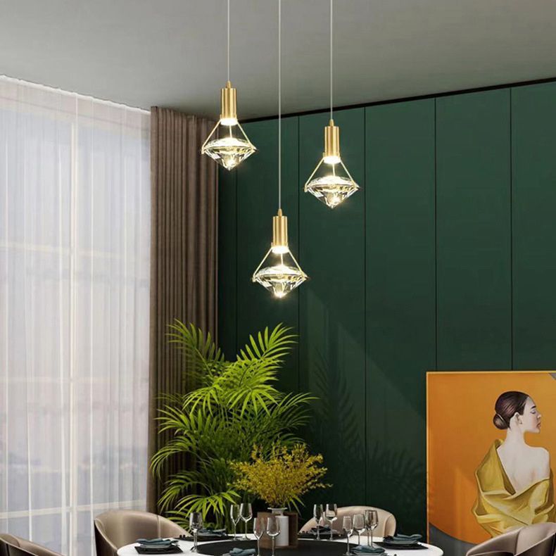 Brass Crystal LED Pendant Light in Modern Luxury Style Copper Geometric Hanging Lamp for Bedroom