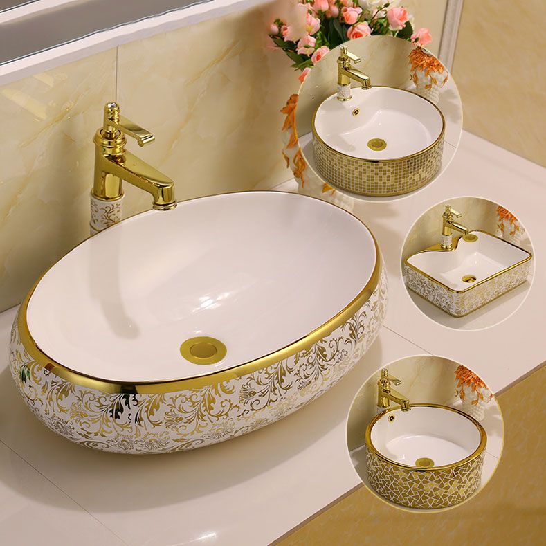 Glam Vessel Lavatory Sink Oval Porcelain with Faucet Vessel Sink