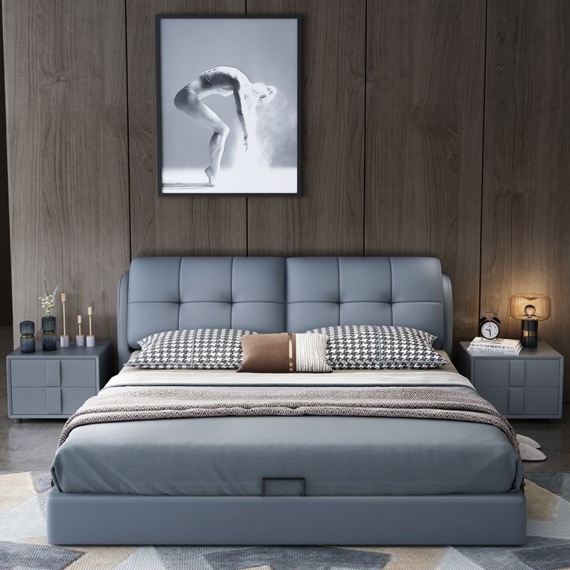 Contemporary Genuine Leather Upholstered Platform Bed Blue Bed Frame