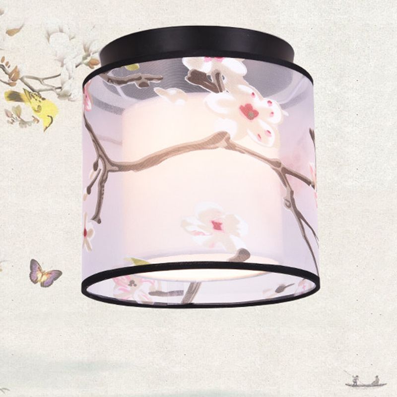 Plafonnier encastré de 8 pouces de large, plafonnier de style asiatique avec abat-jour en tissu pour le salon