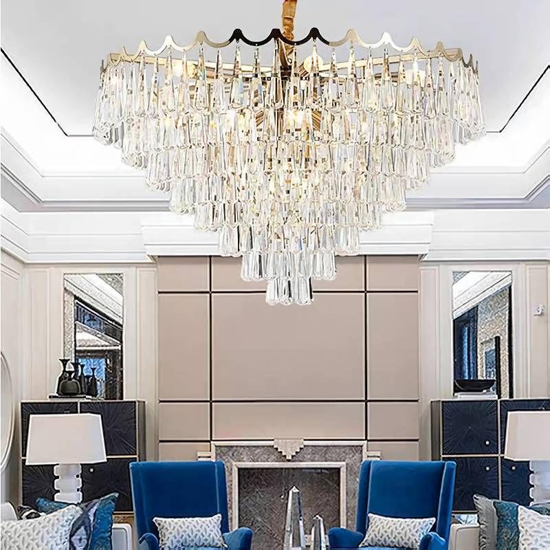 Luz de araña de cristal de agua cónica posmoderna 9 cabezas de la sala de estar luz de techo en oro