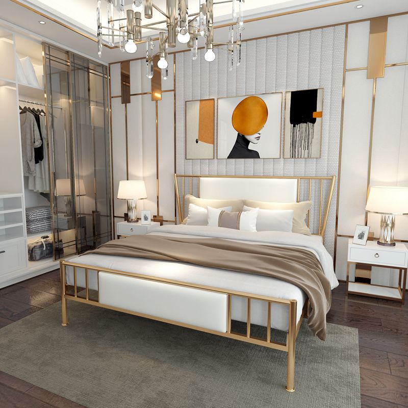 White Upholstered Bed with Headboard Low Profile Bed with Metal Legs