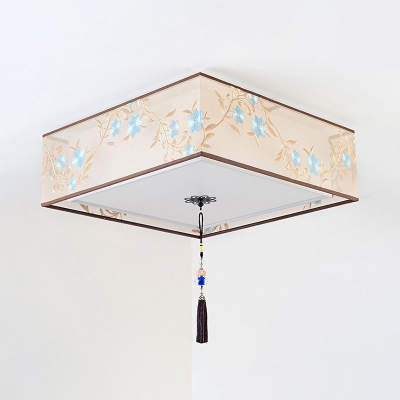 Geometry Shape Ceiling Lamp Tradition Iron Flush Mount with Fabric Lampshade for Hall