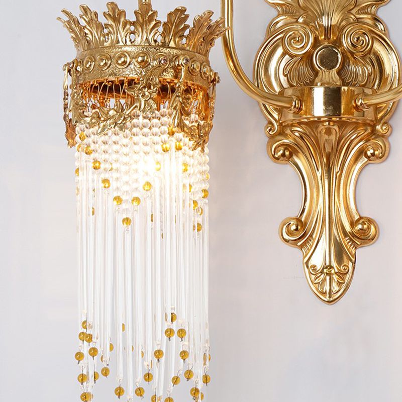 Gold Crown Shaped Wall Light Traditional Metal Living Room Sconce Lamp with Crystal Fringe