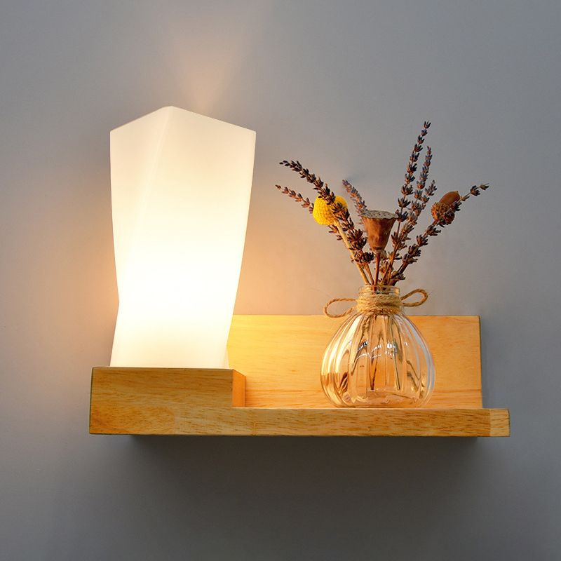 Beige Shaded Wall Sconce Lighting Contemporary Style Wood Wall Mount Light Fixture