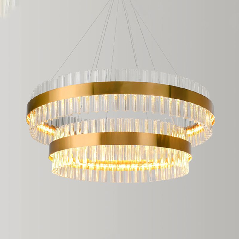 2 Tiers Living Room Hanging Lamp Three Side Crystal Rod Postmodern 23.5"/31.5" Wide LED Hanging Light in Gold