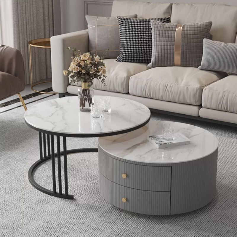 Modern Round End Table Living Room No Distressing Side Table with Drawers