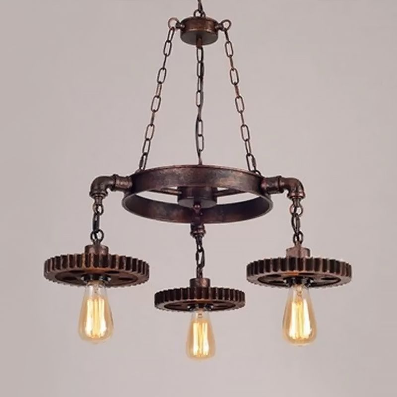 Antiqued Bronze Gear Chandelier Loft Style Iron 3/5/7-Light Living Room Ceiling Suspension Lamp