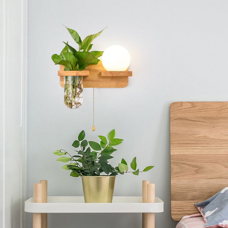 Modern Style Ball Shade Wall Light Wood 1 Light Sconces for Bedroom without Plant