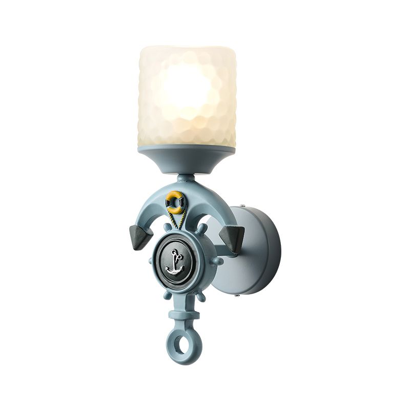 Anchor Resin Wall Lighting Fixture Modernism 1 Bulb Blue Wall Mount Light with Cylindrical Dimpled Glass Shade