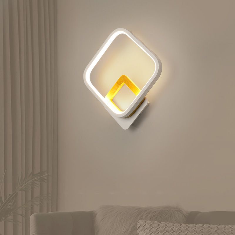 Metal Diamond-Frame Wall Sconce Minimalist White and Wood LED Wall Mounted Light in Warm/White Light