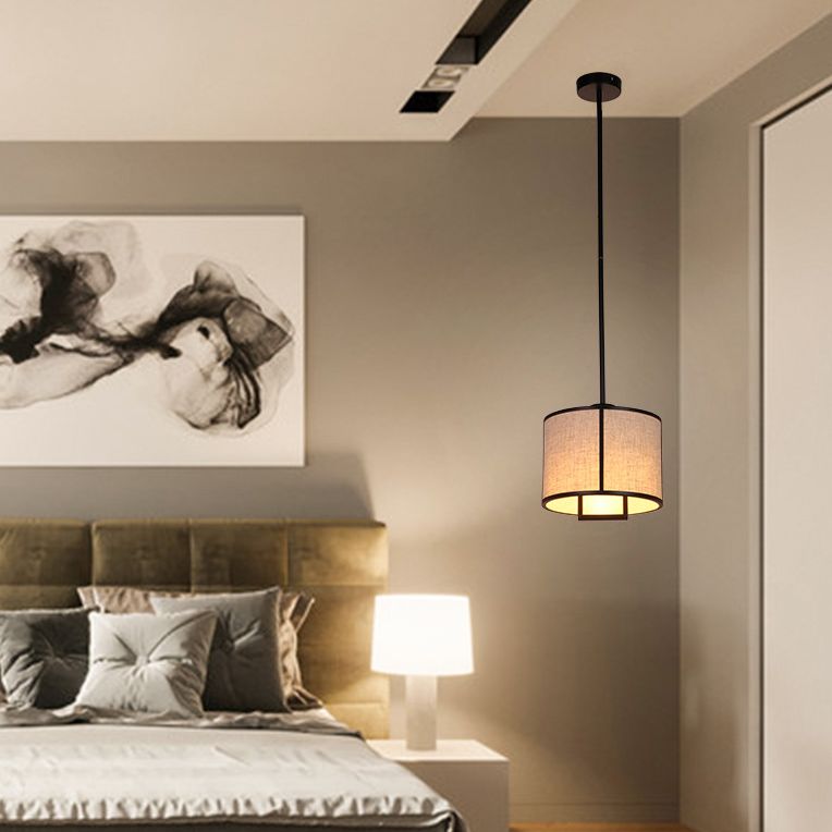 Single Light Fabric Drum Pendant Light Minimalist Living Room Hanging Light with 47" Carbon Steel Hanging Rod