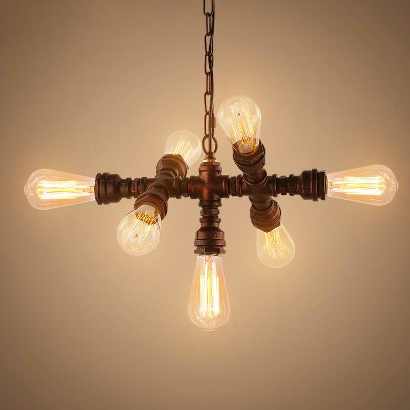 Sputnik Design Piping Bistro Chandelier Steampunk Iron 7-Bulb Antique Bronze Ceiling Hang Light