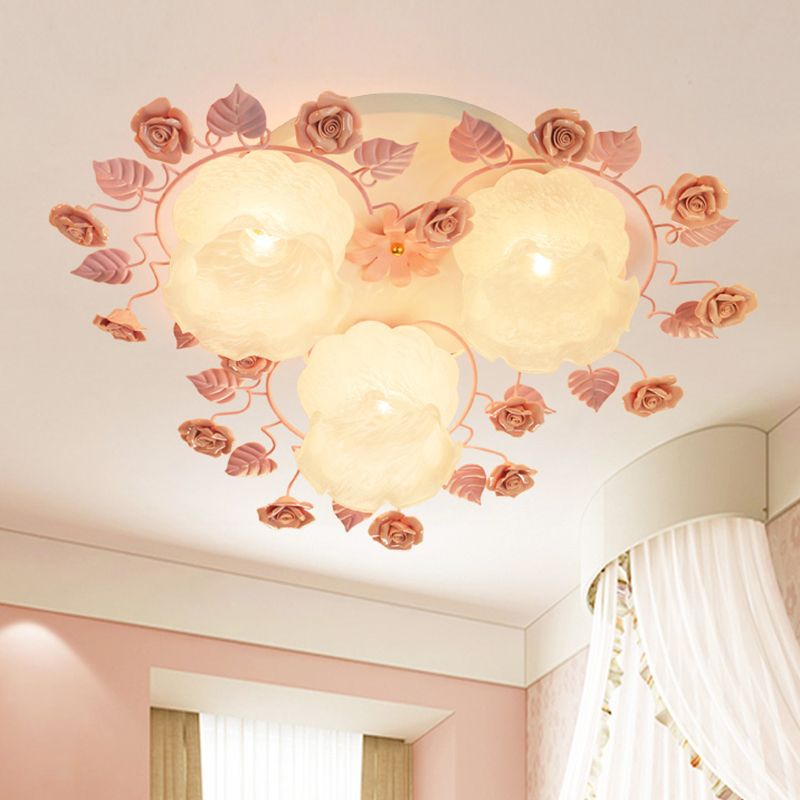 Floral White Glass Ceiling Mounted Fixture Traditional 3/5 Bulbs Living Room Flush Mount Lamp in Pink/Green