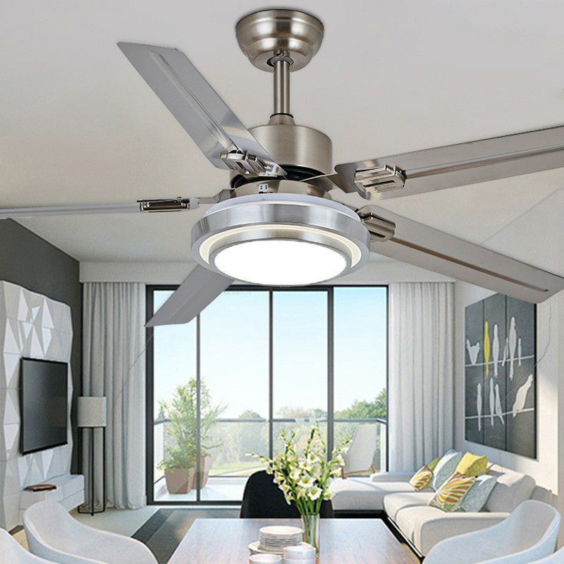 5-Blade Nickel Round Semi Mount Lighting Classic Metal LED Bedroom Hanging Fan Lamp Fixture, 42" Wide