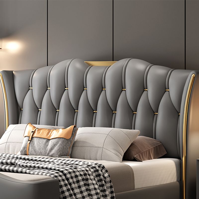 Glam wood Standard Bed Faux Leather Bed Frame with Upholstered Headboard for Bedroom