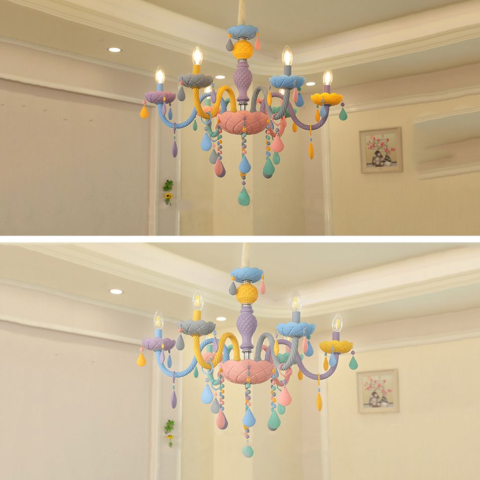 Girl Bedroom Candle Pendant Light Multi-Color Glass Macaron Chandelier