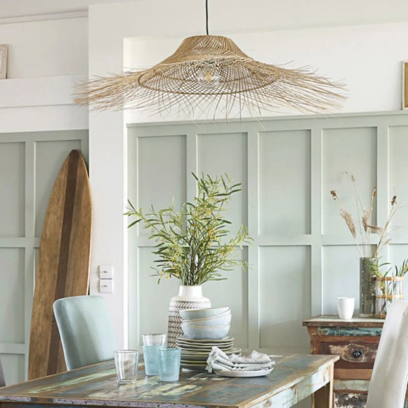 Straw Hat Rattan Ceiling Light Modern Single Wood Hanging Pendant Light for Restaurant