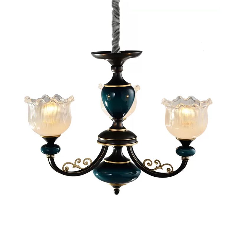 3/6 Bulbs Blossom Hanging Light Kit Classic Black Finish Clear Ribbed Glass Pendant Chandelier
