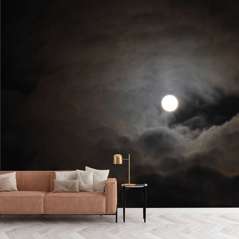 Huge Cloudy Moon Night Mural Grey-Black Non-Woven Wall Decor, Stain Resistant, Custom Size
